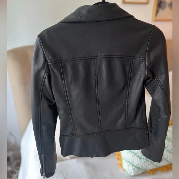 AllSaints Bales Leather Biker Jacket Black Lamb Leather Asymmetric Zip – US 0 - Picture 5 of 10